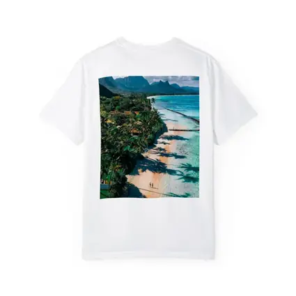 Tropical Beach Palm Shadows Turquoise Water Mountains