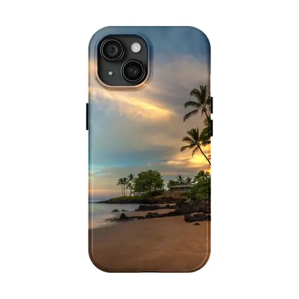 Hawaii Beach Sunset Palm Trees Golden Sky