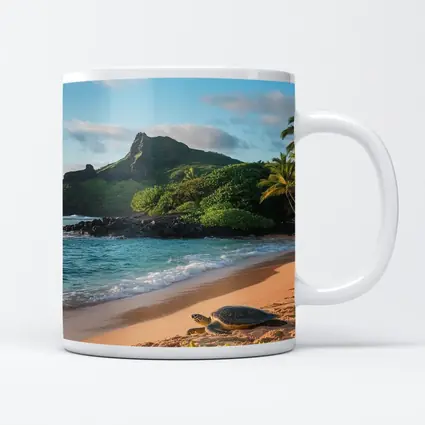 Sea Turtle On Tropical Hawaiian Beach Shore