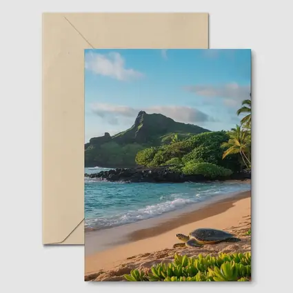 Sea Turtle On Tropical Hawaiian Beach Shore