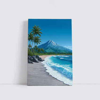 Tropical Beach Palm Trees Mountain Illustration