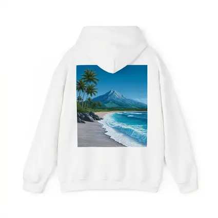 Tropical Beach Palm Trees Mountain Illustration