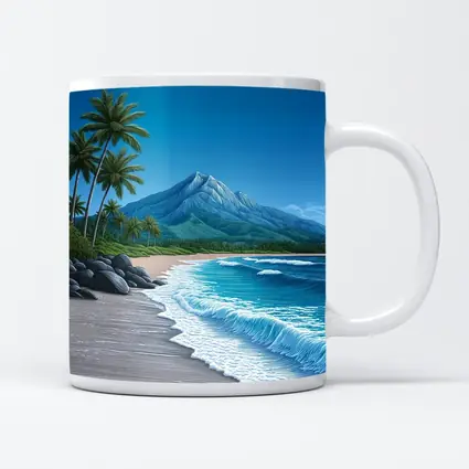 Tropical Beach Palm Trees Mountain Illustration