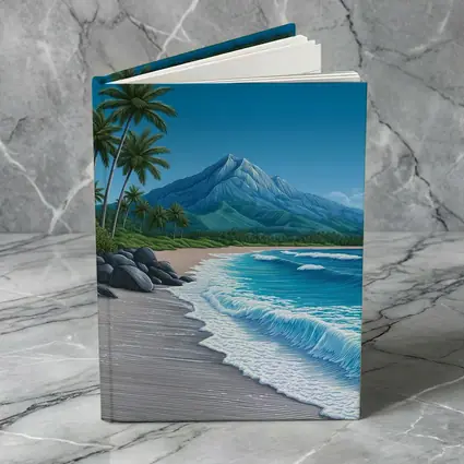Tropical Beach Palm Trees Mountain Illustration
