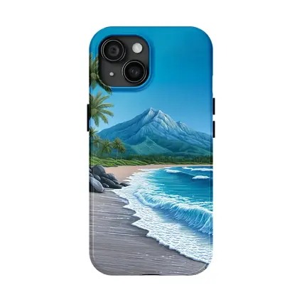 Tropical Beach Palm Trees Mountain Illustration
