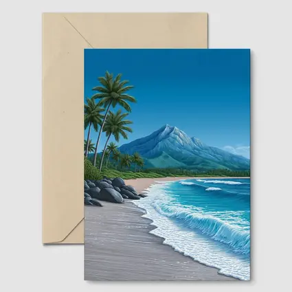 Tropical Beach Palm Trees Mountain Illustration
