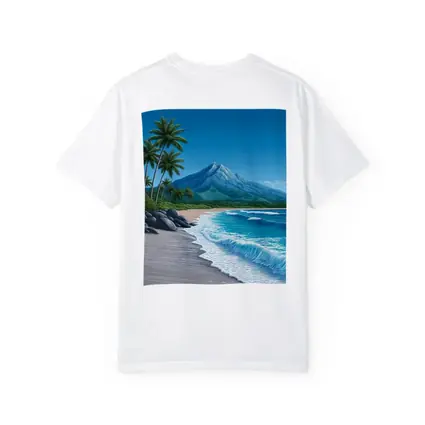 Tropical Beach Palm Trees Mountain Illustration
