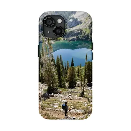 Hiker Overlooking Alpine Lake Mountain Forest