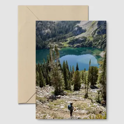 Hiker Overlooking Alpine Lake Mountain Forest