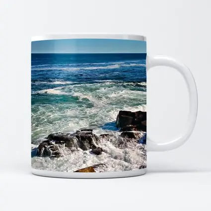 Rocky Shoreline Waves Crashing Blue Ocean