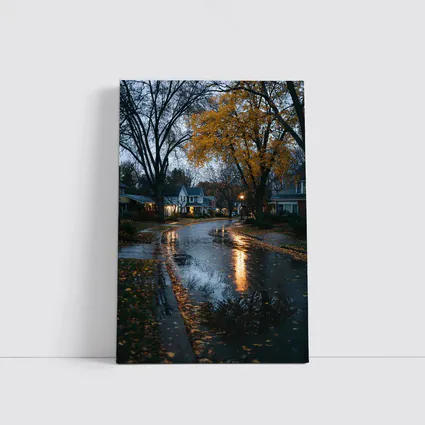Rainy Autumn Suburban Street Wet Reflection