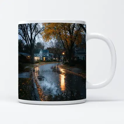Rainy Autumn Suburban Street Wet Reflection