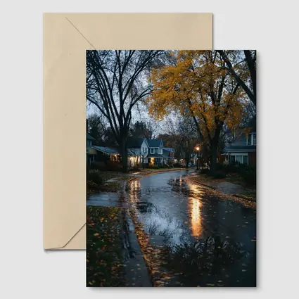 Rainy Autumn Suburban Street Wet Reflection