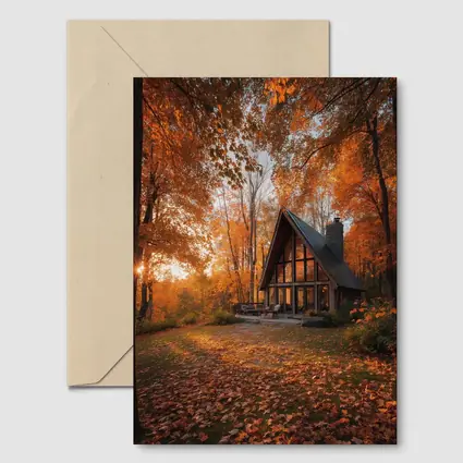 A Frame Cabin Autumn Forest Warm Sunset