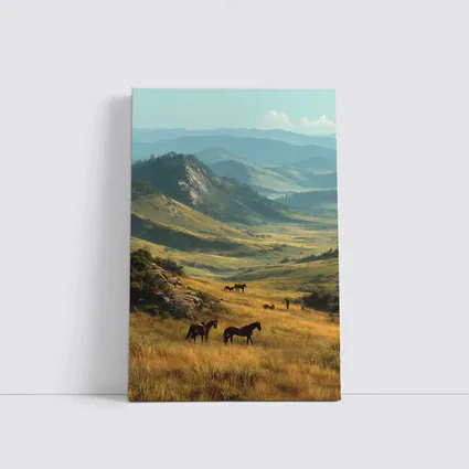 Wild Horses Grazing in Mountain Valley