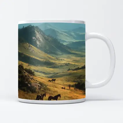 Wild Horses Grazing in Mountain Valley