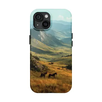 Wild Horses Grazing in Mountain Valley