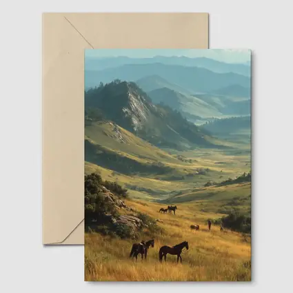 Wild Horses Grazing in Mountain Valley