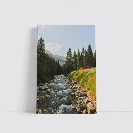 Mountain Stream Red Barn Pine Forest