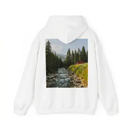 Mountain Stream Red Barn Pine Forest