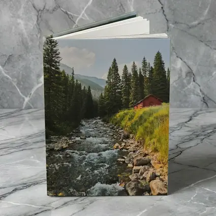 Mountain Stream Red Barn Pine Forest