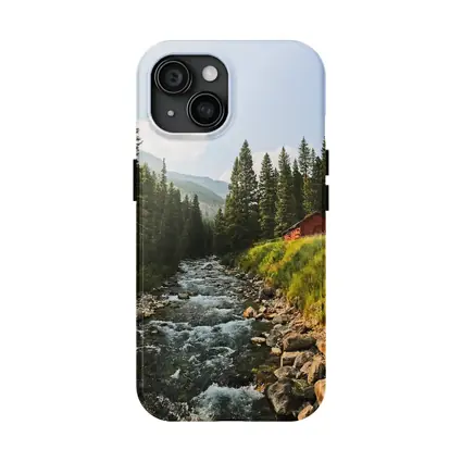 Mountain Stream Red Barn Pine Forest
