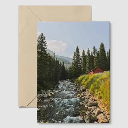 Mountain Stream Red Barn Pine Forest