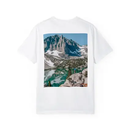 Hiker Standing by Alpine Lake Mountain
