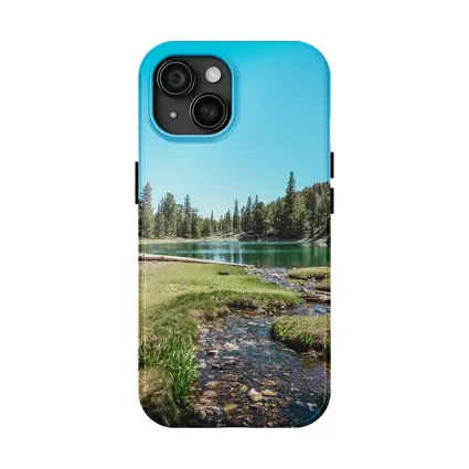 Alpine Lake Stream Pine Forest Clear Sky