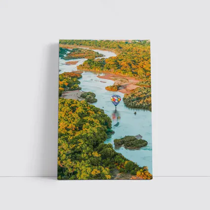 Hot Air Balloon Over Autumn River Landscape
