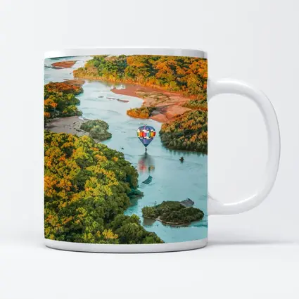 Hot Air Balloon Over Autumn River Landscape
