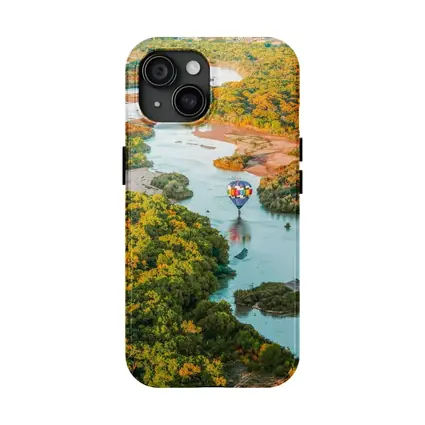 Hot Air Balloon Over Autumn River Landscape