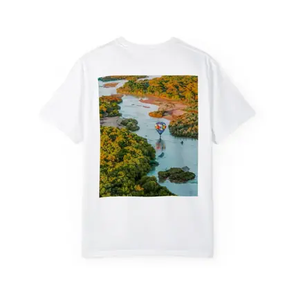 Hot Air Balloon Over Autumn River Landscape