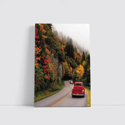Red Classic Car Misty Autumn Mountain Road