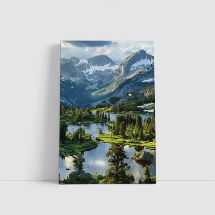 Alpine Lake Valley Snow Capped Mountains