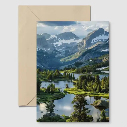 Alpine Lake Valley Snow Capped Mountains