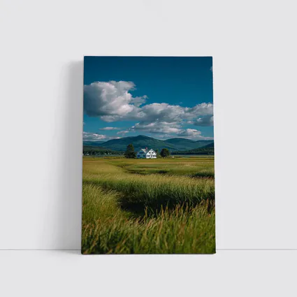 White Farmhouse Green Fields Mountain Landscape