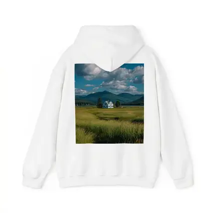 White Farmhouse Green Fields Mountain Landscape