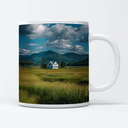 White Farmhouse Green Fields Mountain Landscape