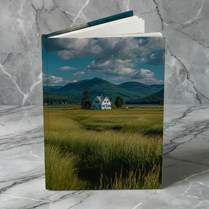 White Farmhouse Green Fields Mountain Landscape
