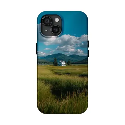 White Farmhouse Green Fields Mountain Landscape