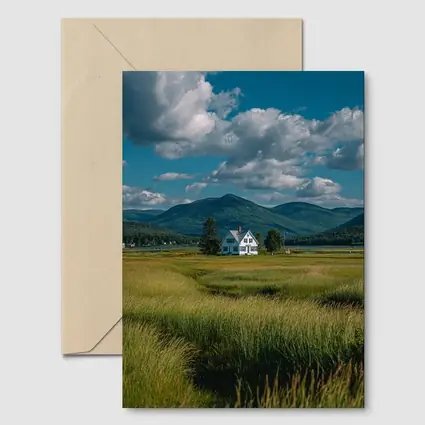 White Farmhouse Green Fields Mountain Landscape