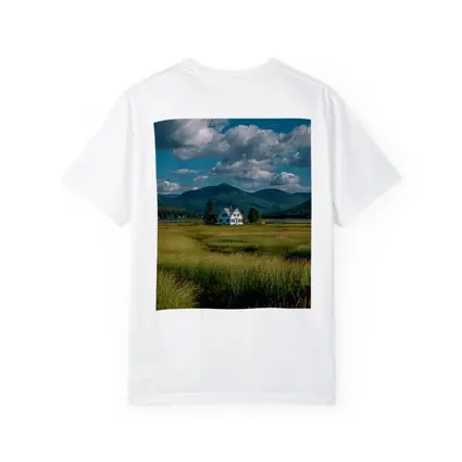 White Farmhouse Green Fields Mountain Landscape