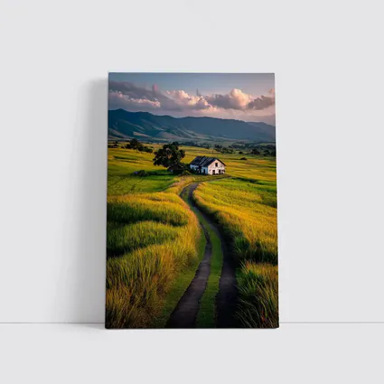 Dirt Road Through Green Rice Fields Mountains