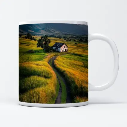 Dirt Road Through Green Rice Fields Mountains
