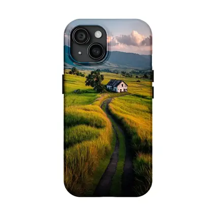 Dirt Road Through Green Rice Fields Mountains