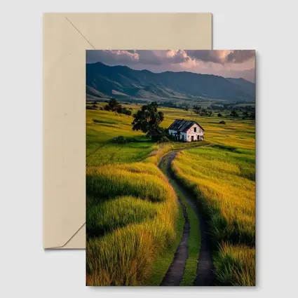 Dirt Road Through Green Rice Fields Mountains
