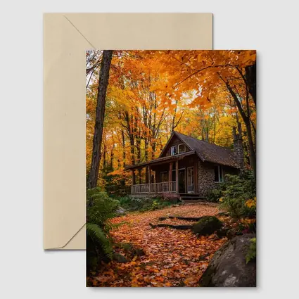 Rustic Stone Cabin Autumn Forest Path