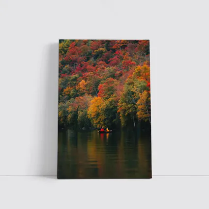 Canoe On Autumn Lake Red Foliage Forest