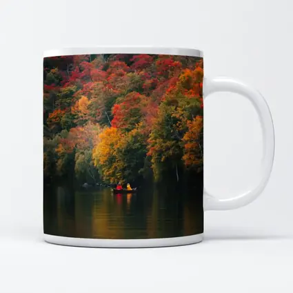 Canoe On Autumn Lake Red Foliage Forest